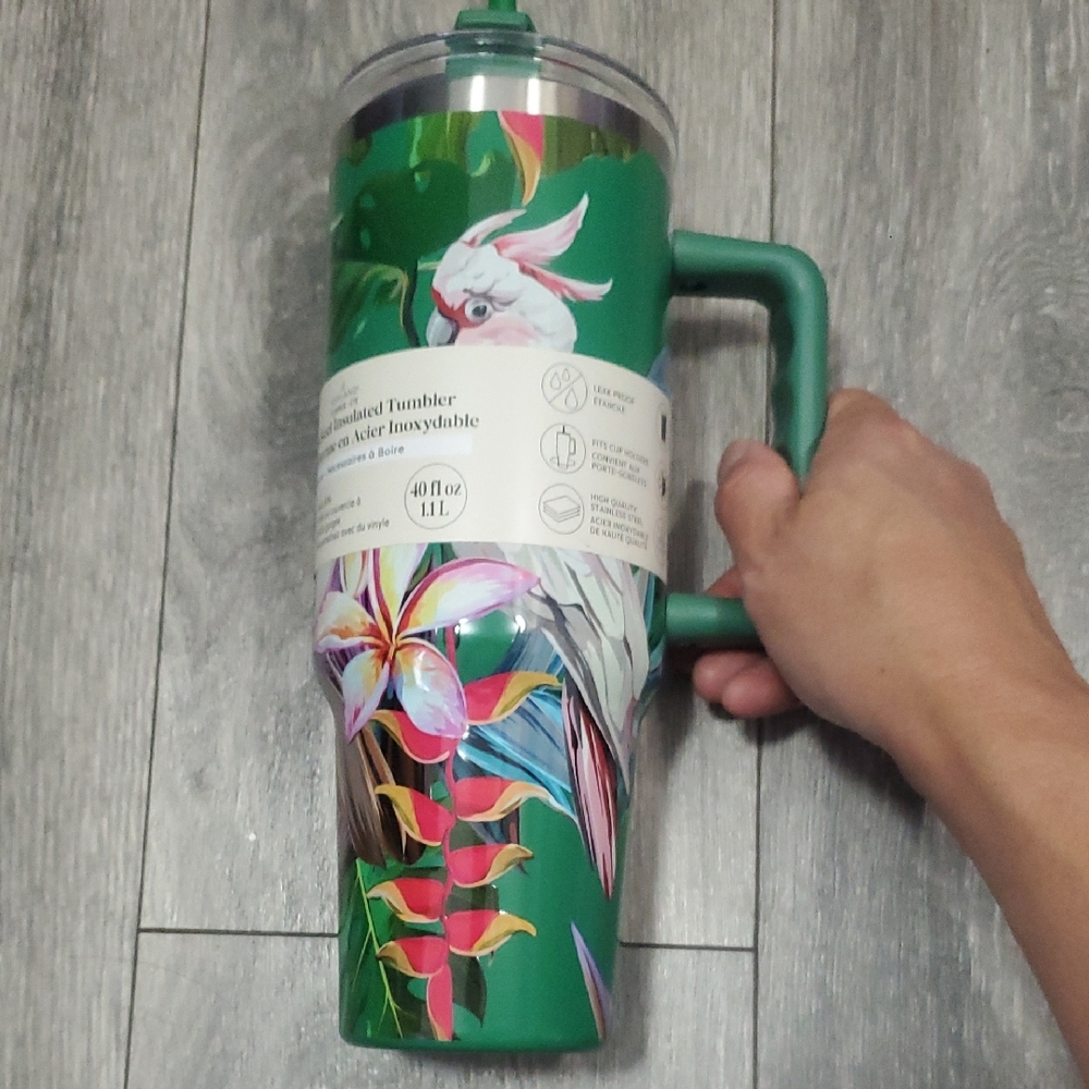 Ashland Green Floral and Pink Parrot Tumbler with Handle and Straw 40 oz